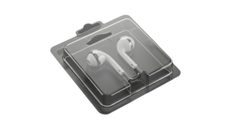 White earphones display in clear plastic packaging presents product photography for branding.