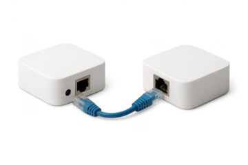 Two white boxes connected with a blue network cable on transparent background