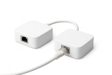 Network hubs connected via Ethernet cable isolated on transparent backdrop.