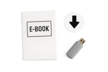 E-book, download symbol, and flash drive isolated on transparent background