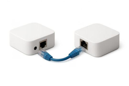 Two white boxes connected with a blue network cable on transparent background