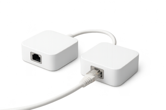 Network hubs connected via Ethernet cable isolated on transparent backdrop.