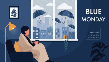 Woman Wrapped in Blanket Drinking Coffee by Rainy Window