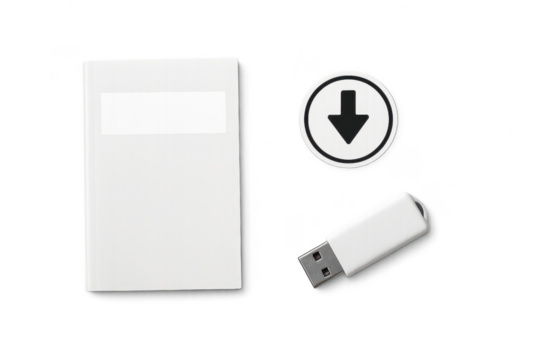 White hard drive, download symbol and USB stick isolated on transparent backdrop