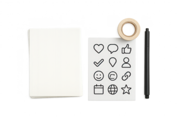 Blank notepad and social media icons on transparent background, stationery set