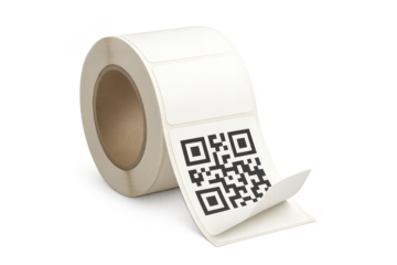 Roll of white adhesive labels with QR code, isolated on transparent background