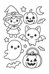 A funny set of cartoon characters with smiling face illustration for a coloring book design - Halloween doodle