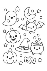 Cartoon vector illustration set of funny halloween characters: a hand drawn collection of cute baby animals, faces, and design icons