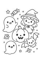 Happy cartoon vector illustration set for a fun coloring book sketch - Halloween doodle