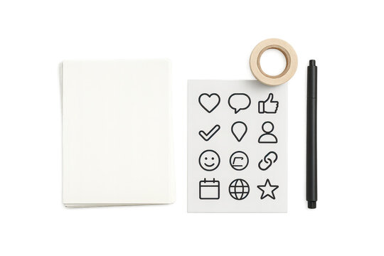 Blank notepad and social media icons on transparent background, stationery set