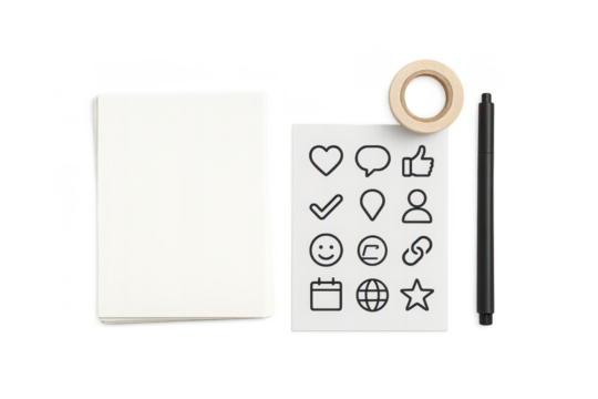 Blank notepad and social media icons on transparent background, stationery set