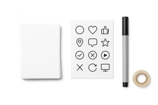 Stack of cards, one with icons and pen isolated on a transparent background.