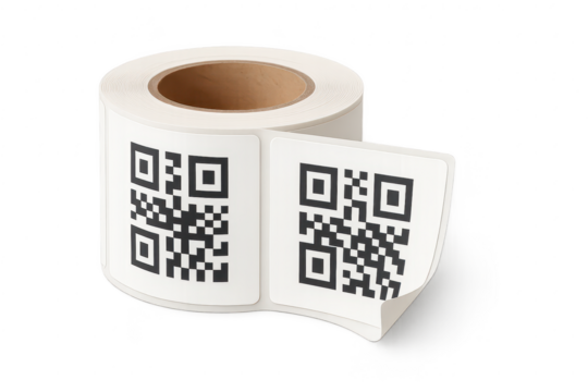Roll of QR code stickers isolated on transparent background, blank labels