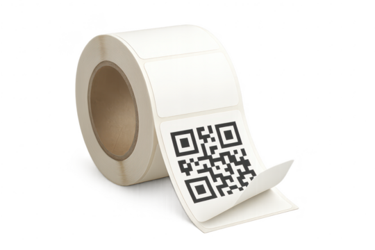 Roll of white adhesive labels with QR code, isolated on transparent background