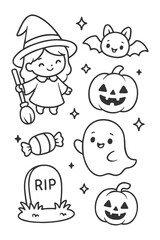 A fun set of cartoon illustrations and characters perfect for children's design icons - Halloween doodle coloring