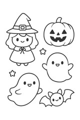 A collection of cute cartoon character icons with a funny face expression perfect for children's design and illustration - Halloween doodle coloring