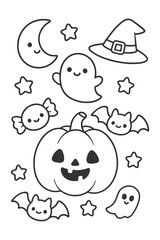 A funny cartoon vector illustration and icon set of cute characters with a smile on their face - Halloween doodle coloring