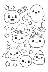 A cute vector set of funny cartoon icons for children's design and illustration - Halloween doodle coloring