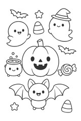 A set of funny cartoon faces vector icons for child coloring book design - Halloween doodle