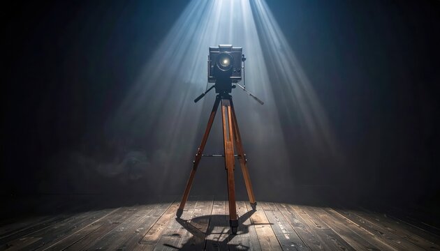 Classic large format camera mounted on a wooden tripod stands centered on a wooden floor, illuminated by dramatic overhead spotlight beams creating a moody and atmospheric environment with a dark...