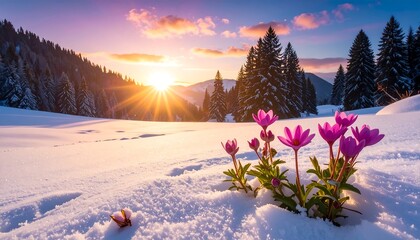 Winter sunset over snowy mountains with pink flowers