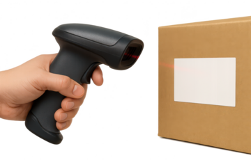 Hand holding a barcode scanner aiming at a cardboard box, isolated image