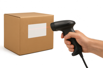Scanning a cardboard box with a barcode scanner isolated on transparent, editable