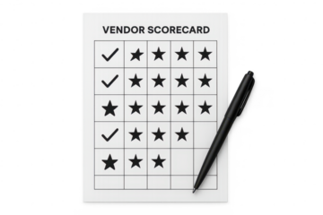 Vendor scorecard with checks, stars, and black pen isolated on transparent back