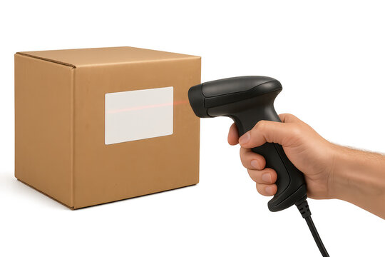 Scanning a cardboard box with a barcode scanner isolated on transparent, editable