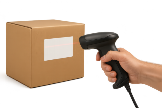 Scanning a cardboard box with a barcode scanner isolated on transparent, editable