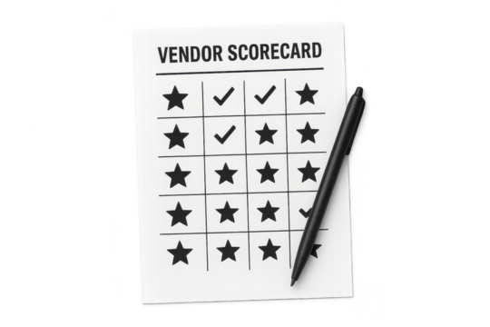 Vendor scorecard with pen isolated on transparent background, performance review