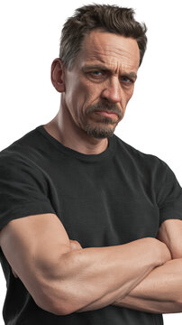 Tough middle aged man with crossed arms looking serious isolated on transparent background.