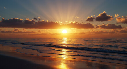 Calm Sunset: Sun Setting Gently Over the Ocean, Reflecting on Wet Sand