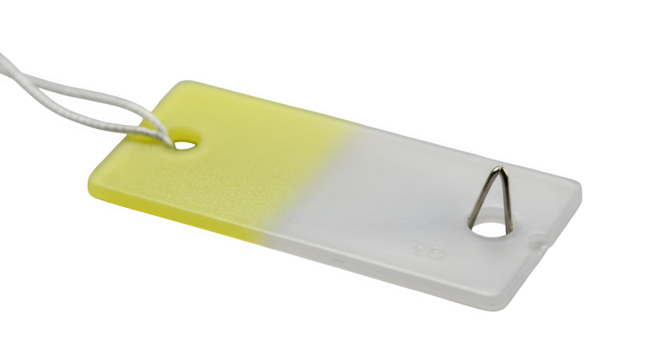 White and Yellow tag shows a textured surface with a modern style. Perfect for product photography, mockups, or industrial posters.