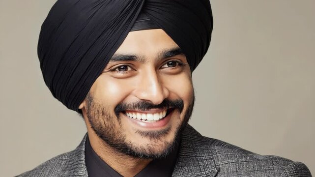Smiling sikh man in suit looking to his left. Turbaned, bearded adult showcasing joy and cultural heritage.