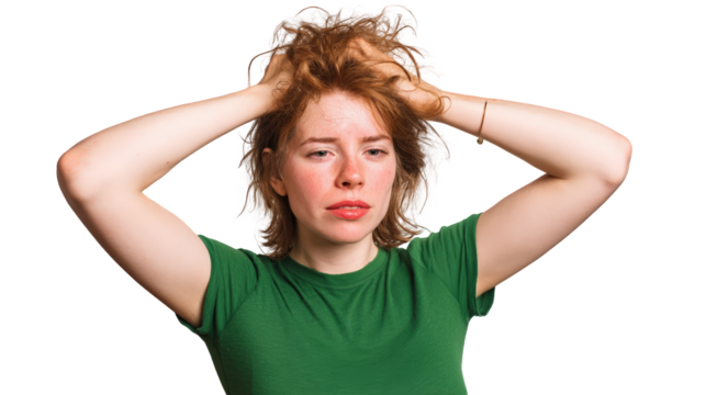 Stressed young woman with messy red hair feeling overwhelmed isolated on transparent background. - Powered by Adobe
