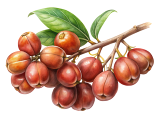 Closeup watercolor painting of a cluster of plump, reddishbrown fruits hanging from a thin branch with green leaves, isolated on a transparent background
