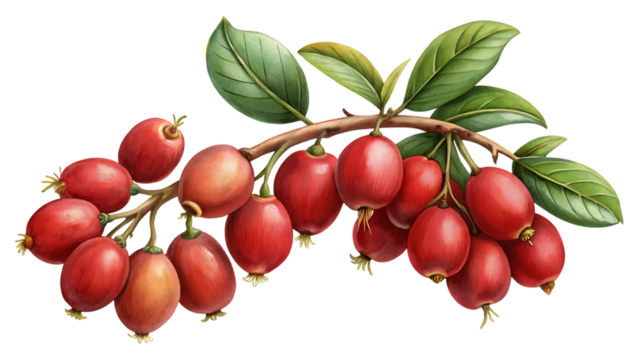 A cluster of ripe, red coffee cherries with green leaves on a branch, isolated on transparent background