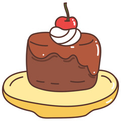 Sweet illustration of a delicious chocolate cake piece with cream and a cherry on top for a birthday celebration