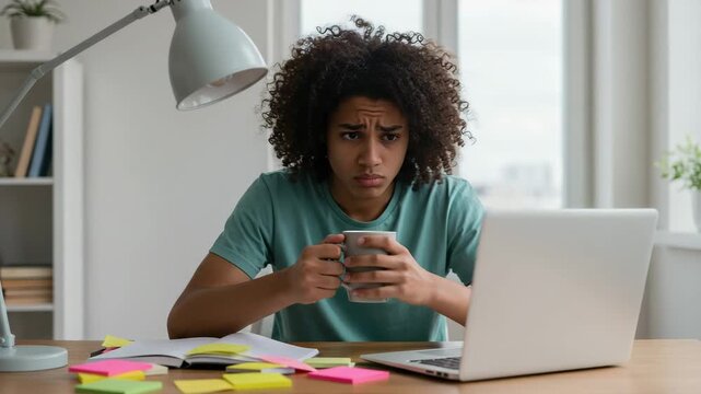 Anxious student holding coffee cup while studying at desk with laptop and notes, exam stress and study pressure