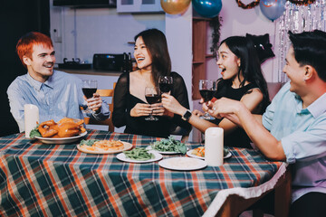 Diversity, dinner and group of people toast celebration together at party. Friends, happy and celebrate with food, wine and friendship for love, support and cheers champagne at business function