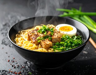 Steaming bowl of ramen with tofu, egg, and green onions