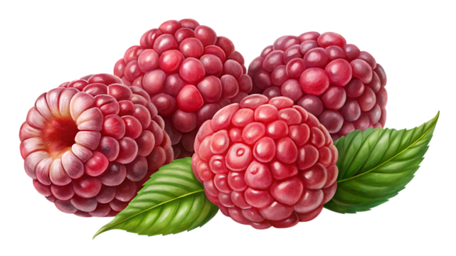 A cluster of ripe raspberries with green leaves, isolated on transparent background
