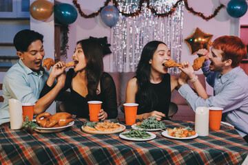 Diversity, dinner and group of people toast celebration together at party. Friends, happy and celebrate with food, wine and friendship for love, support and cheers champagne at business function