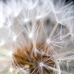 Close-up of dandelion seed head, delicate white fibers radiating from central core