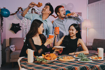 Diversity, dinner and group of people toast celebration together at party. Friends, happy and celebrate with food, wine and friendship for love, support and cheers champagne at business function