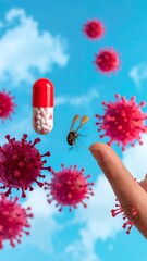 A hand's finger points to a hovering wasp, with a medicine capsule and virus particles in a clear sky