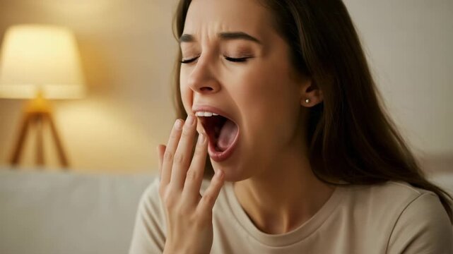 Tired person yawning with hand covering mouth in cozy indoor setting, expressing fatigue and need for rest