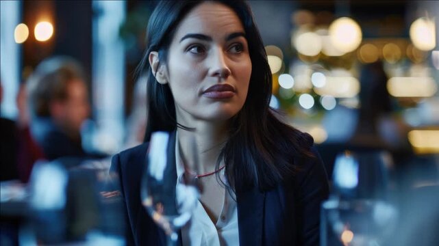 A businesswoman in a professional yet casual setting, engaged in an intense conversation. The conveys themes of sophistication and networking, capturing the essence of modern city life.