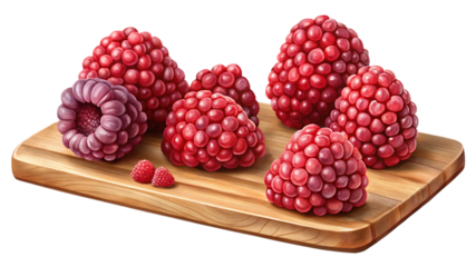 A collection of fresh raspberries arranged on a wooden cutting board, some whole and some halved, highlighting their unique bumpy texture and rich red hue, isolated on a transparent background